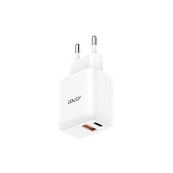 Aspor A821EU 20W PD &amp; QC 3.0 Dual USB Fast Charger (EU Plug) – USB-C + USB-A Wall Charging Adapter