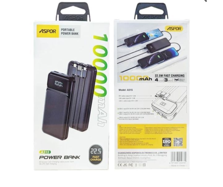 Aspor A315 10000mAh 22.5W Power Bank – Built-in Cable Fast Charging