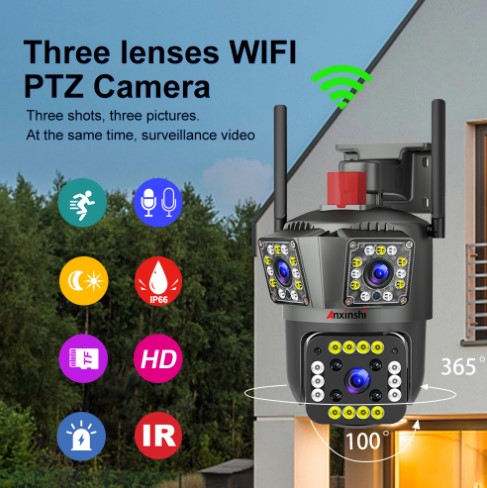 Speed-X PTZ WiFi Outdoor Security Camera - 3 Lenses, 3 Screens, Color Night Vision, Auto Tracking, Waterproof, 6MP