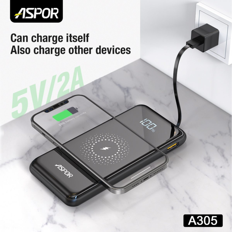 ASPOR A305 10000mAh Power Bank: 15W Wireless Charger & Built-in Cables